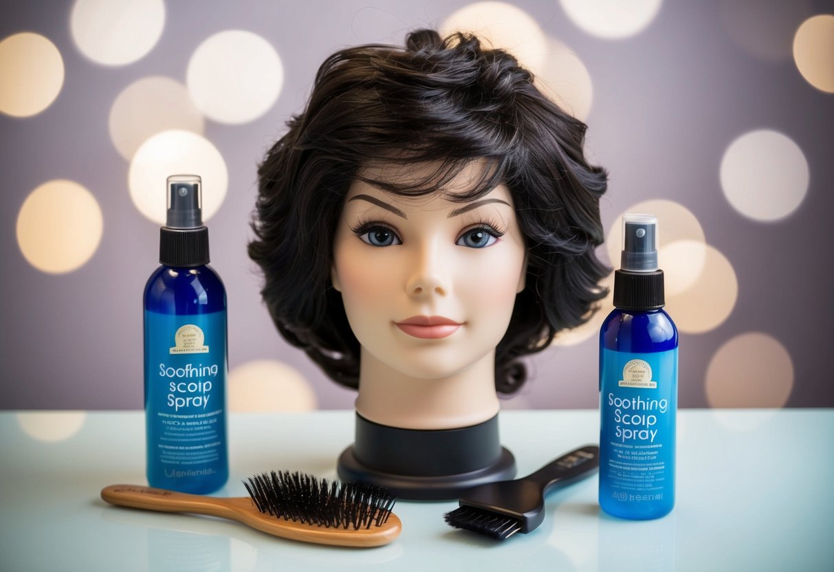 A wig sits on a mannequin head, surrounded by bottles of soothing scalp spray and a brush