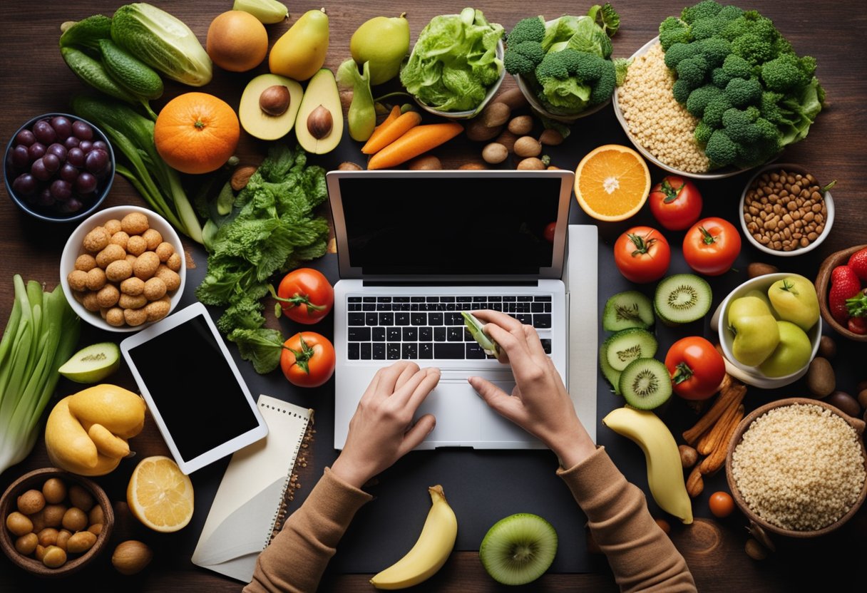 Asmuo, sėdintis prie stalo, apsuptas įvairių sveikų maisto produktų ir užrašų knygelės, skaičiuoja ir planuoja savo mitybą.