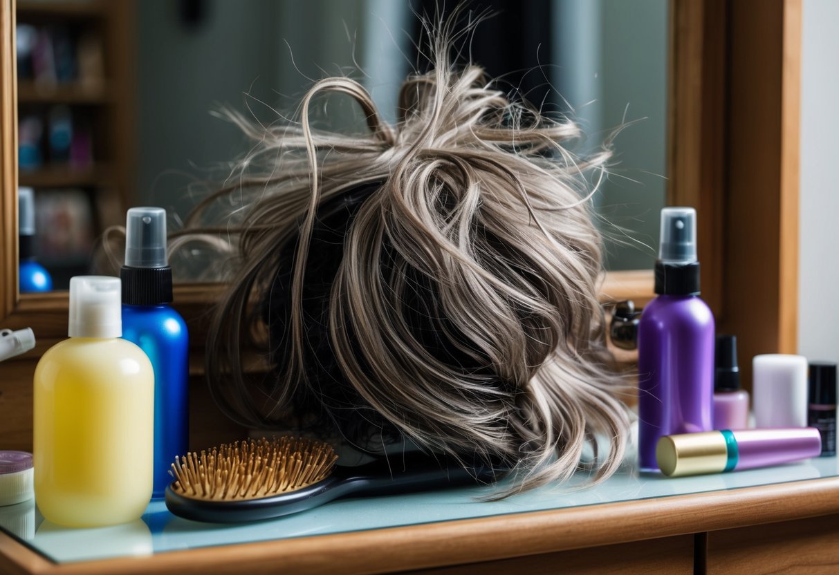 A wig sits tangled on a cluttered vanity, surrounded by bottles of hair products and a hairbrush. Static electricity causes the strands to stand on end, creating a frizzy appearance