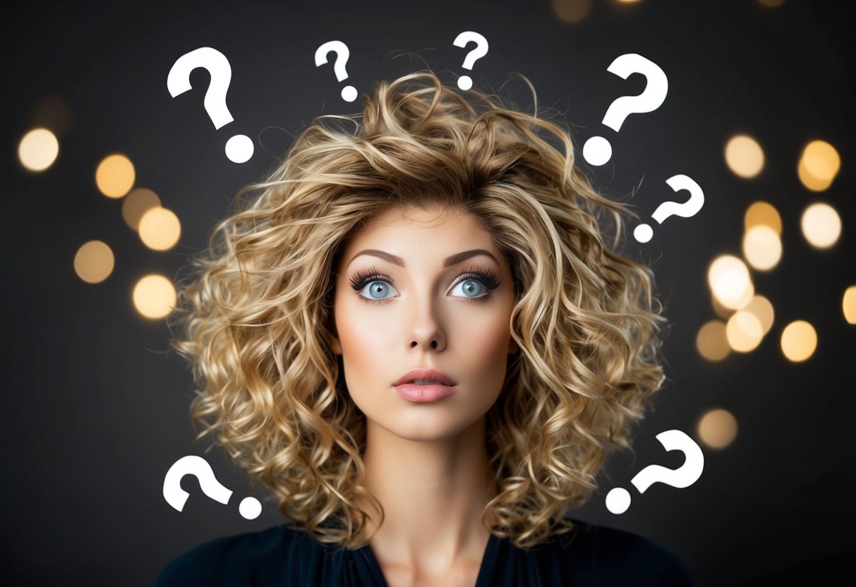 A wig with frizzy strands, surrounded by question marks and a puzzled expression