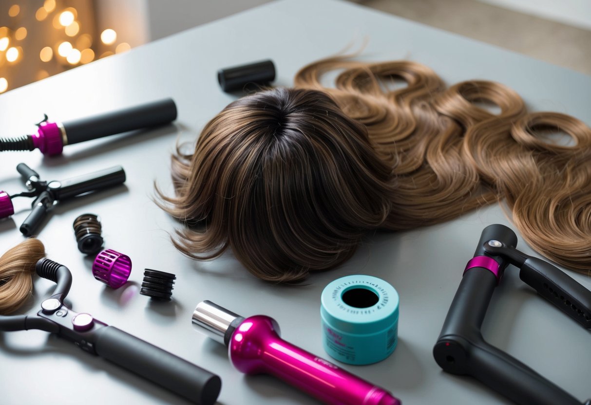 A wig laid out on a flat surface, surrounded by curling irons, hair rollers, and styling products