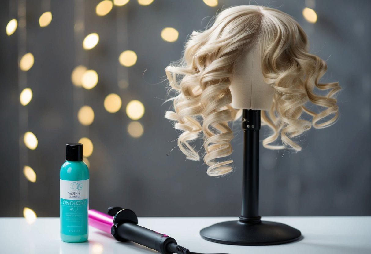 A wig on a stand with loose curls falling flat. A bottle of wig conditioner and a curling iron nearby