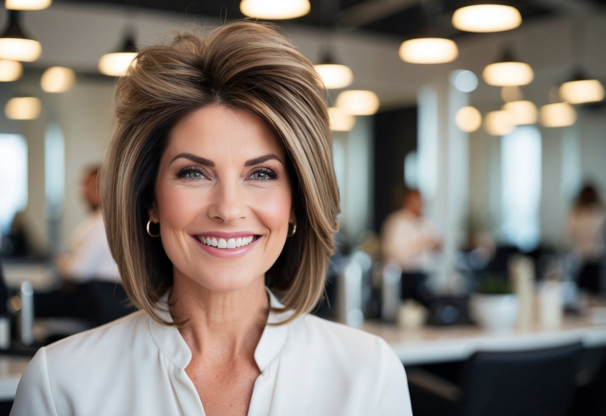 A woman with thinning hair confidently wears a natural-looking hair topper, smiling as she enjoys the psychological benefits of her new, fuller hair