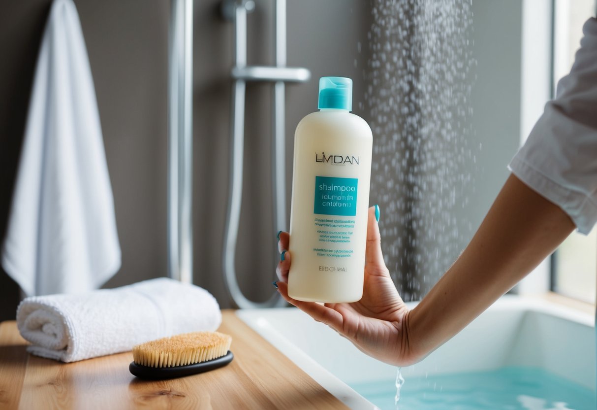 A woman's hand holds a bottle of shampoo and conditioner next to a shower with a towel and hairbrush nearby