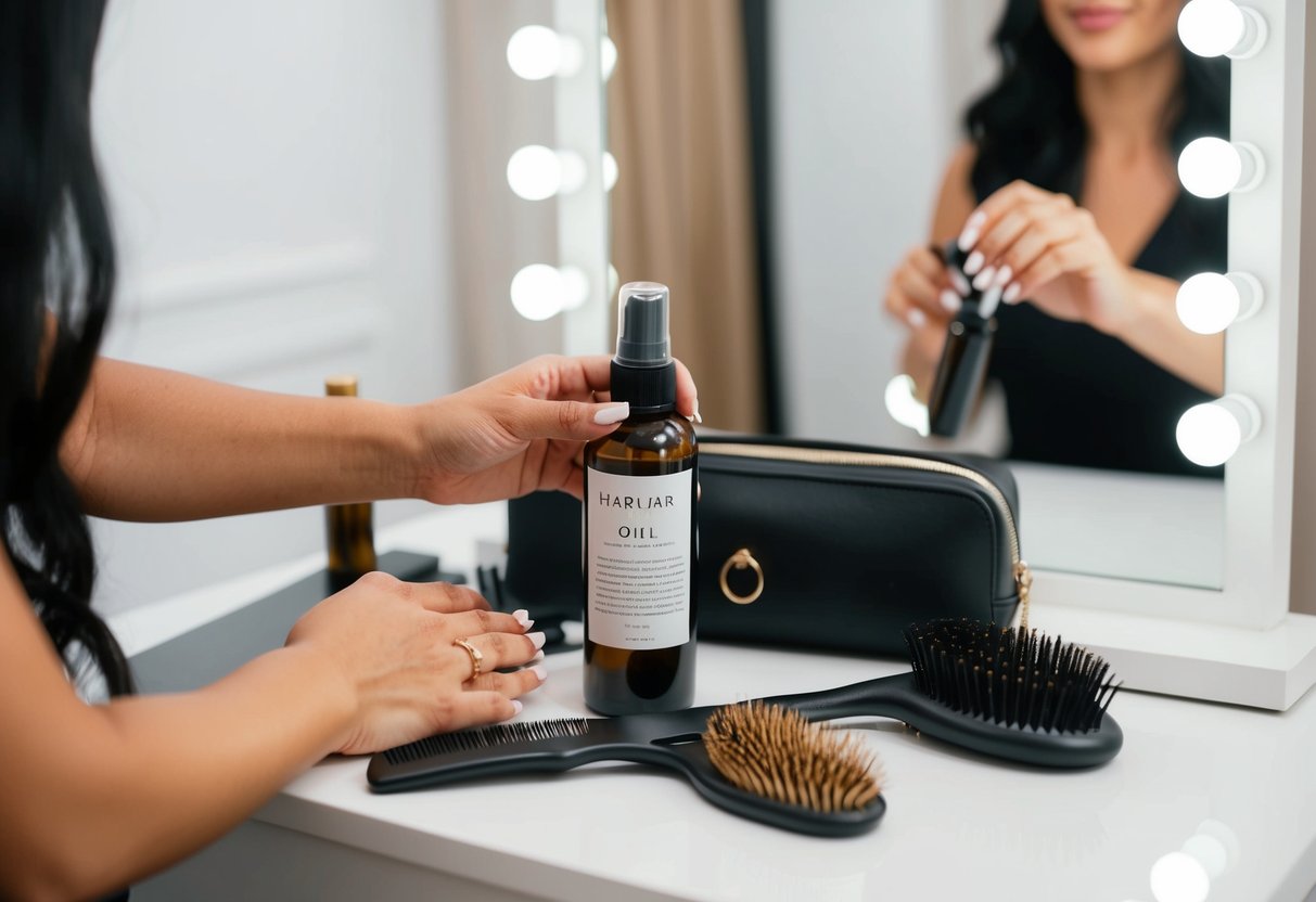 A hand holding a bottle of hair oil, a comb, and a hairbrush laid out on a table next to a mirror with sew-in extensions styled neatly