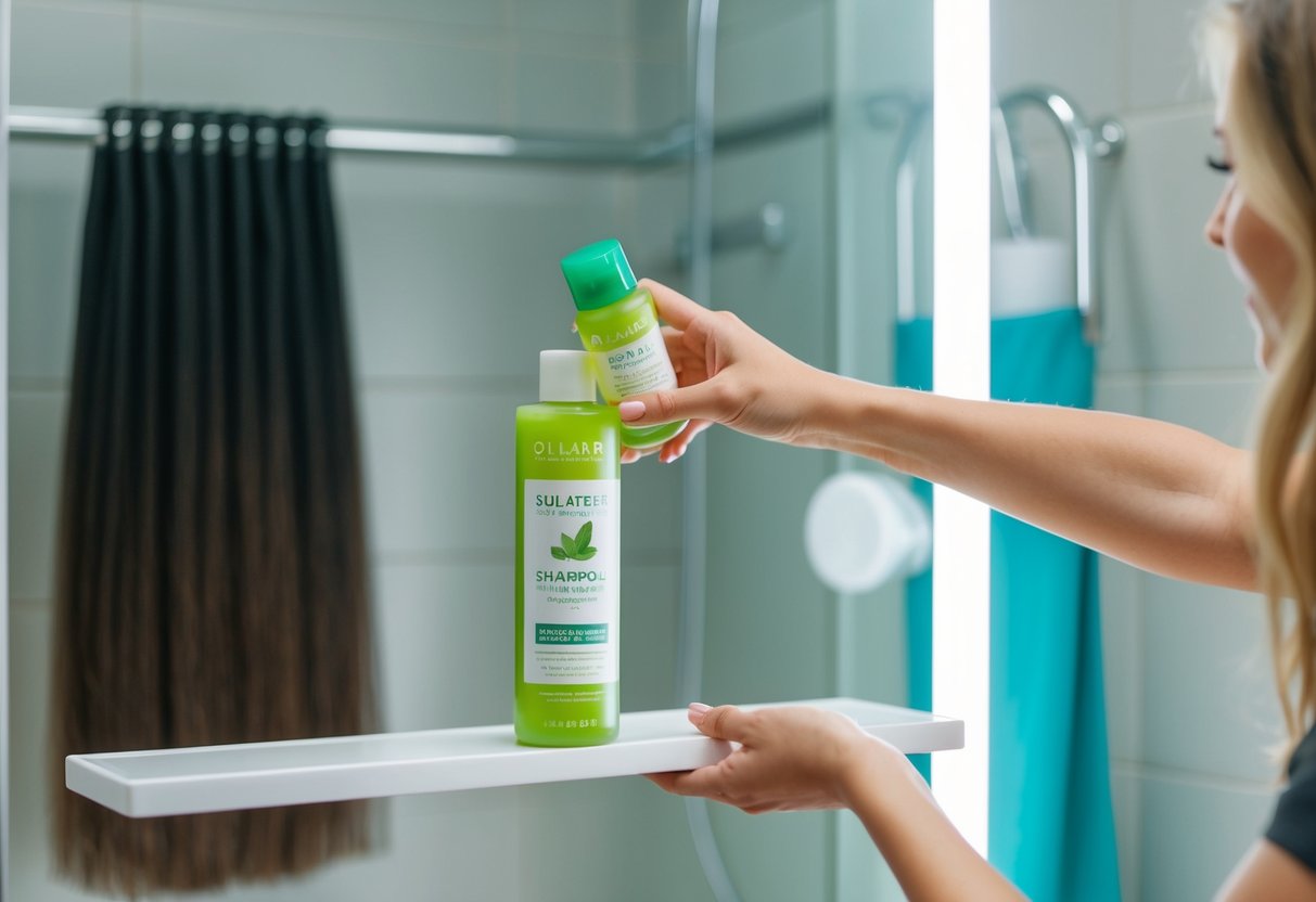 A woman's hand reaching for a bottle of sulfate-free shampoo on a shower shelf, with sew-in extensions visible in the background