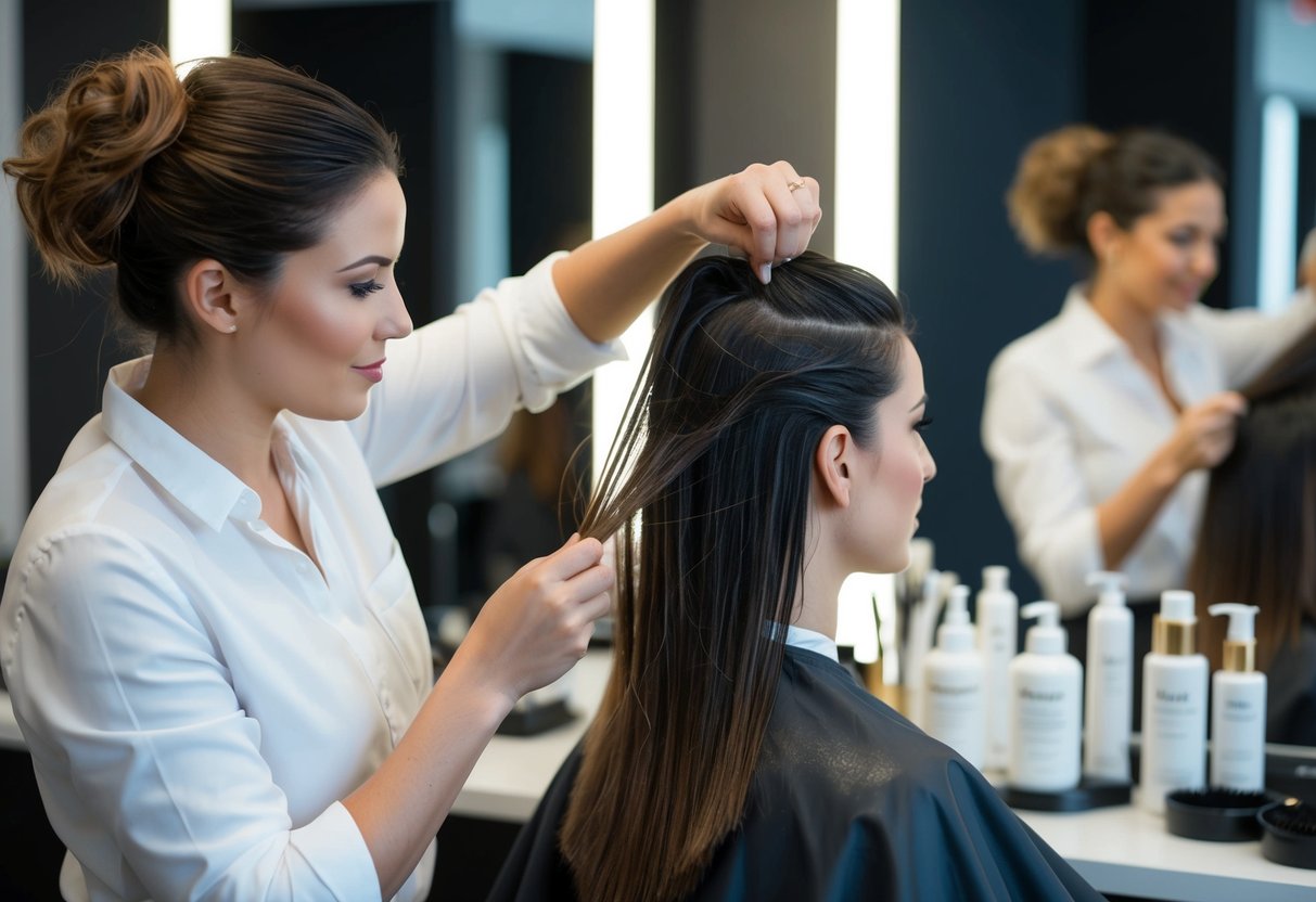 A hairstylist carefully detangles and washes sew-in extensions using specialized products and techniques