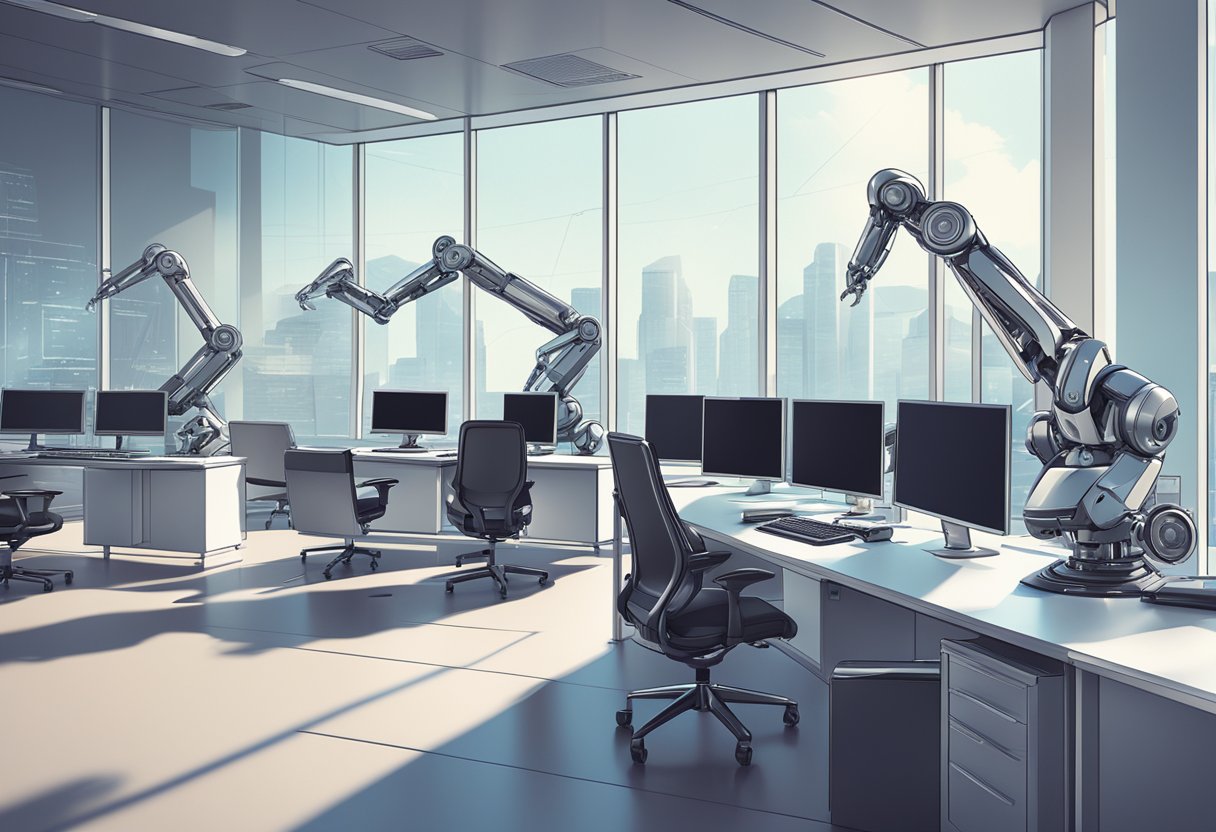 A sleek, modern office space filled with robotic arms and computer screens, with AI algorithms working seamlessly in the background