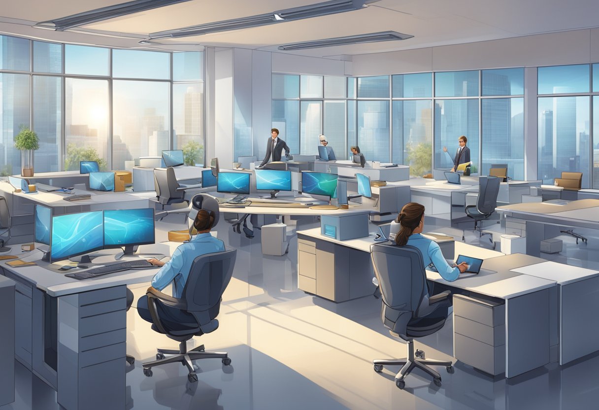 An office setting with futuristic technology and robotic assistants