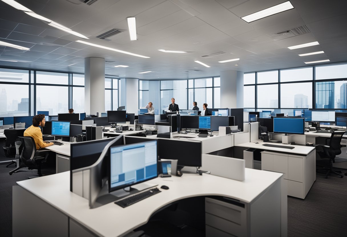 A modern office setting with financial professionals discussing and analyzing data on computer screens