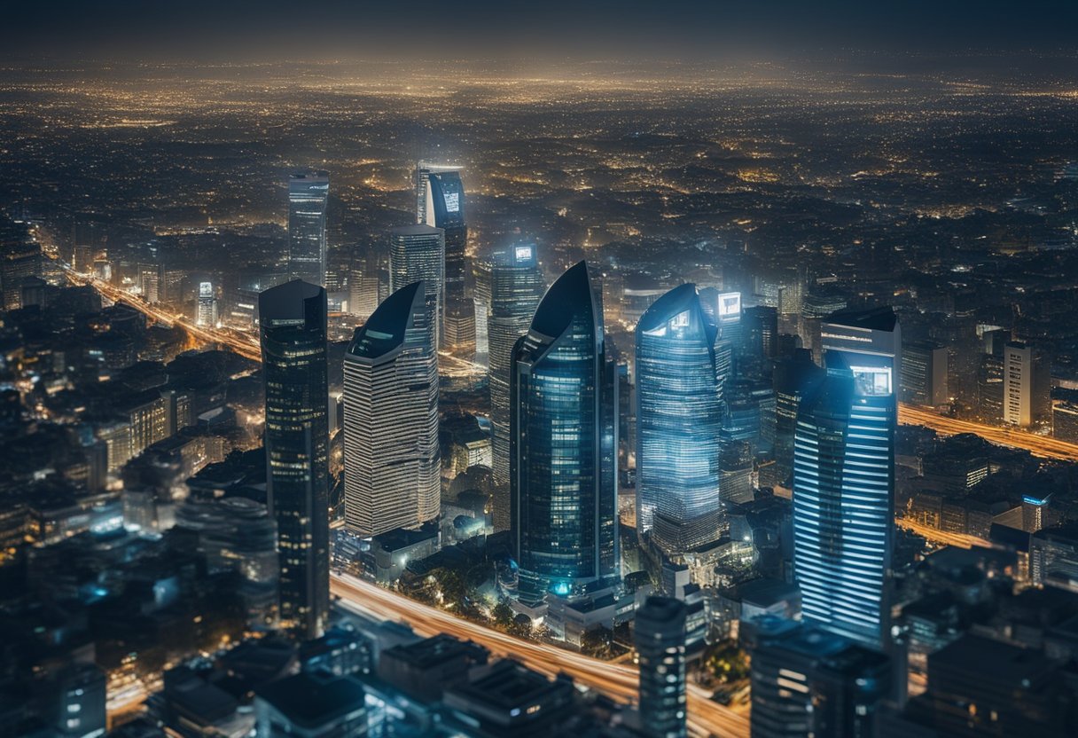 A bustling cityscape with modern skyscrapers, digital screens, and futuristic financial institutions, showcasing cutting-edge technology and innovation in the Cypriot financial services sector