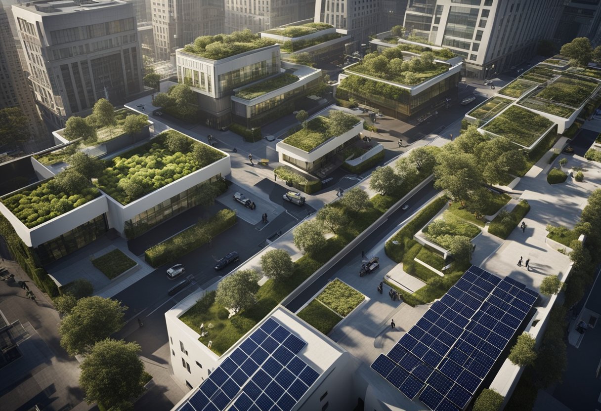 A bustling financial district with modern buildings, rooftop gardens, and solar panels. Electric cars and bicycles fill the streets, while people gather at outdoor green spaces