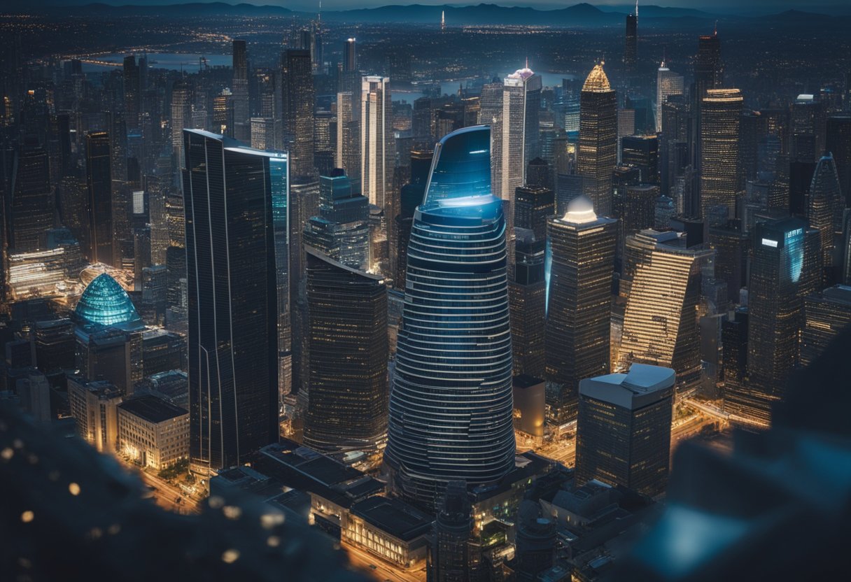 A bustling city skyline with futuristic, sleek buildings, and advanced technology integrated into the financial district