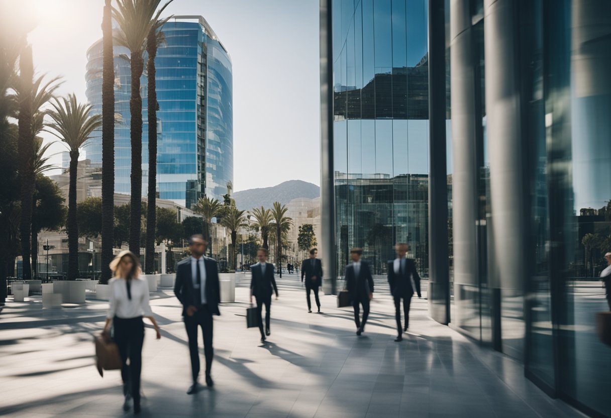A bustling financial district in Cyprus, with modern glass buildings and people in business attire walking to and from offices