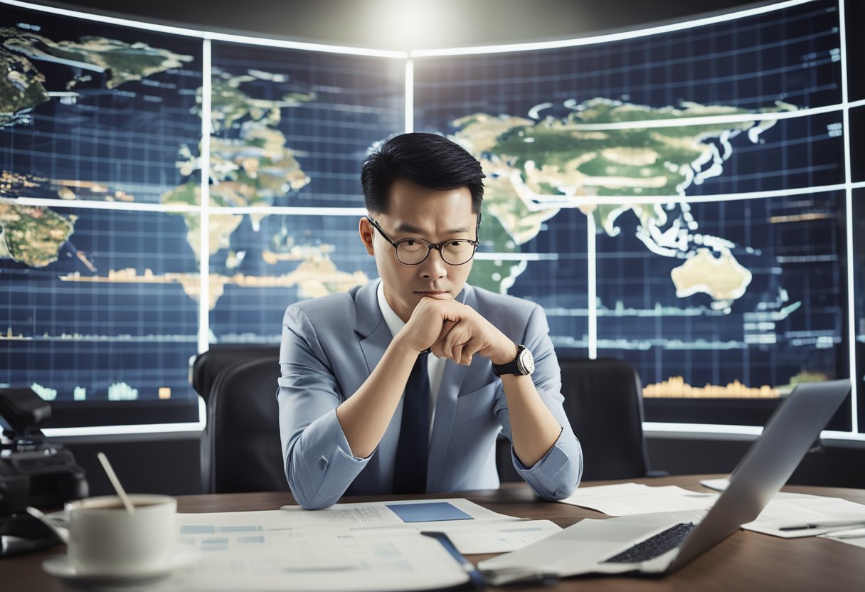 A Chinese investor studying global bond indices, surrounded by financial charts and graphs, with a world map in the background