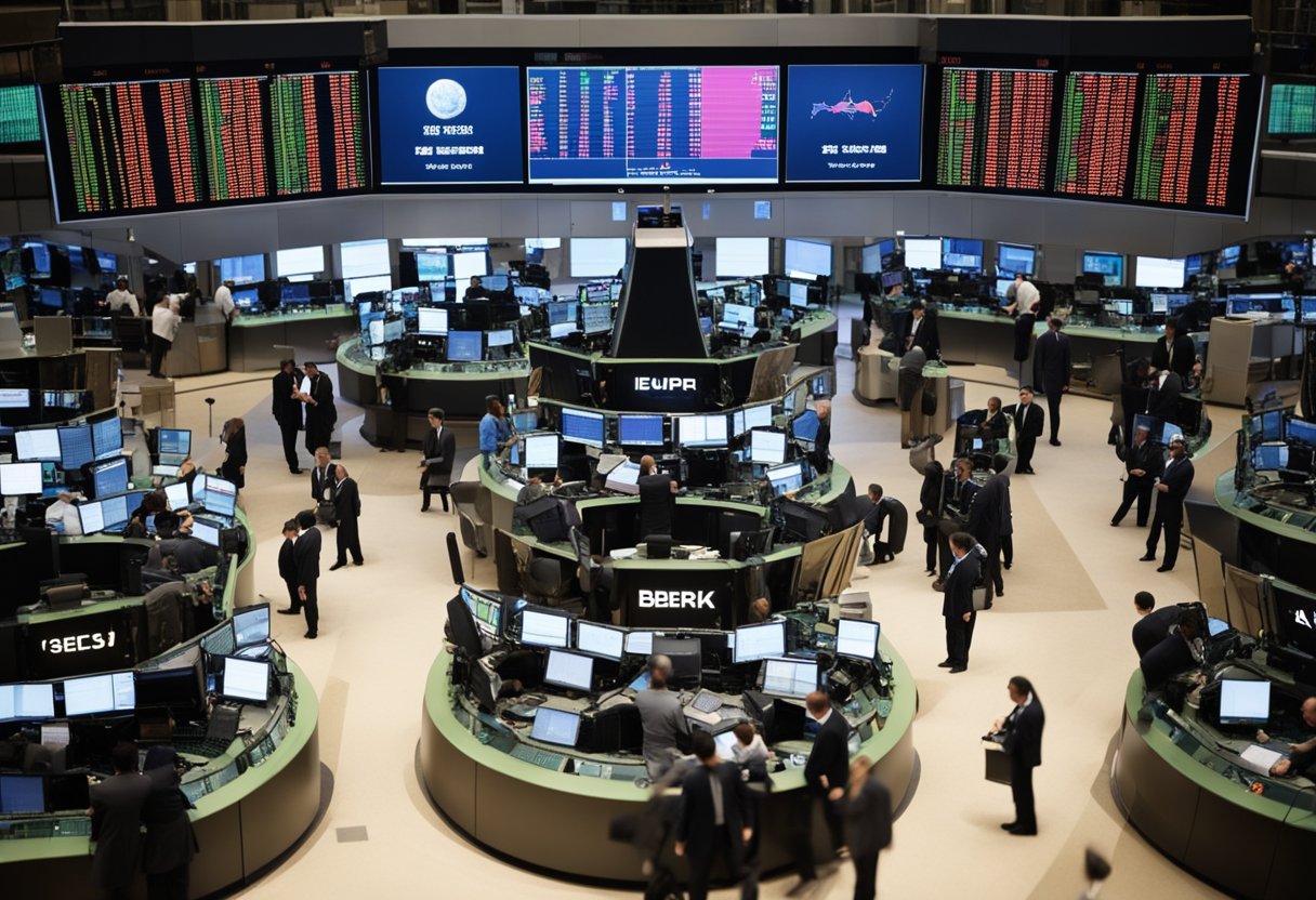 A bustling stock market floor with traders reacting to changing global bond indices, while Chinese investors monitor the activity with interest