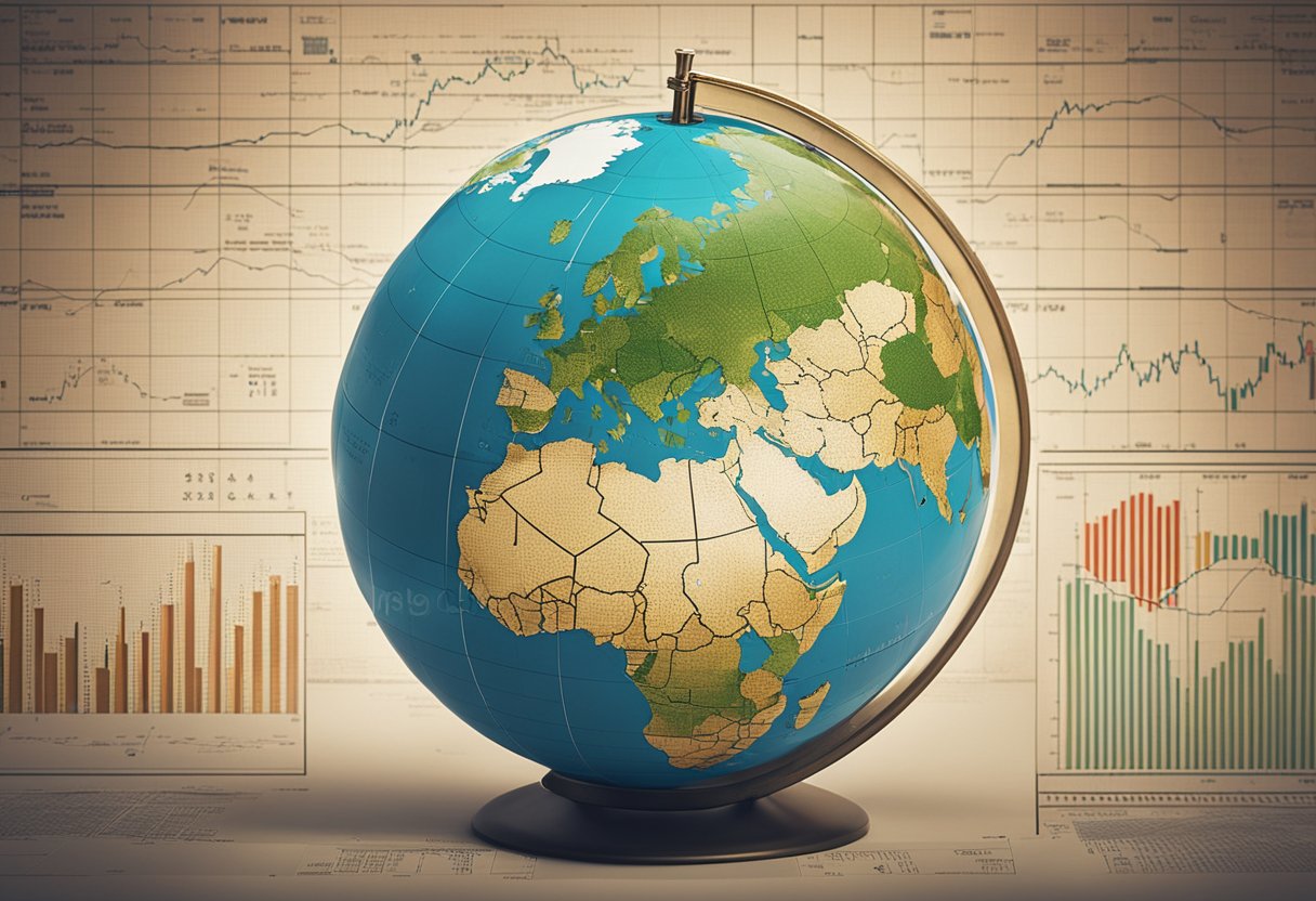 A globe surrounded by financial charts and graphs, with Chinese symbols and global bond indices merging together