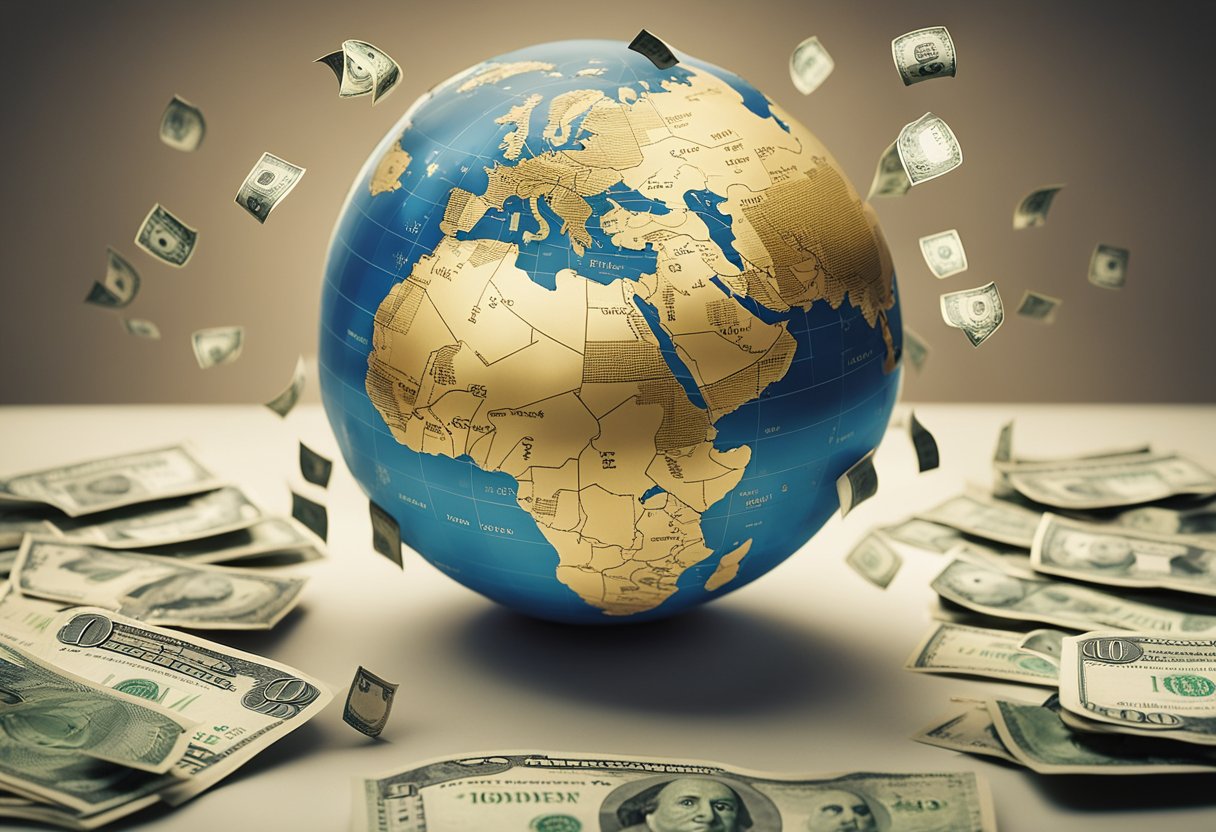 A globe surrounded by Chinese currency and bond symbols, with global bond indices hovering above, illustrating the influence on Chinese investments