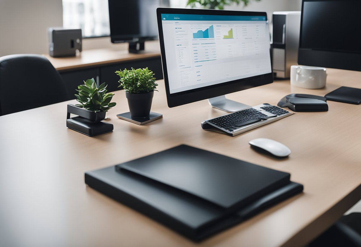 A modern office desk with a computer, phone, and financial documents neatly organized in a sleek, minimalist workspace