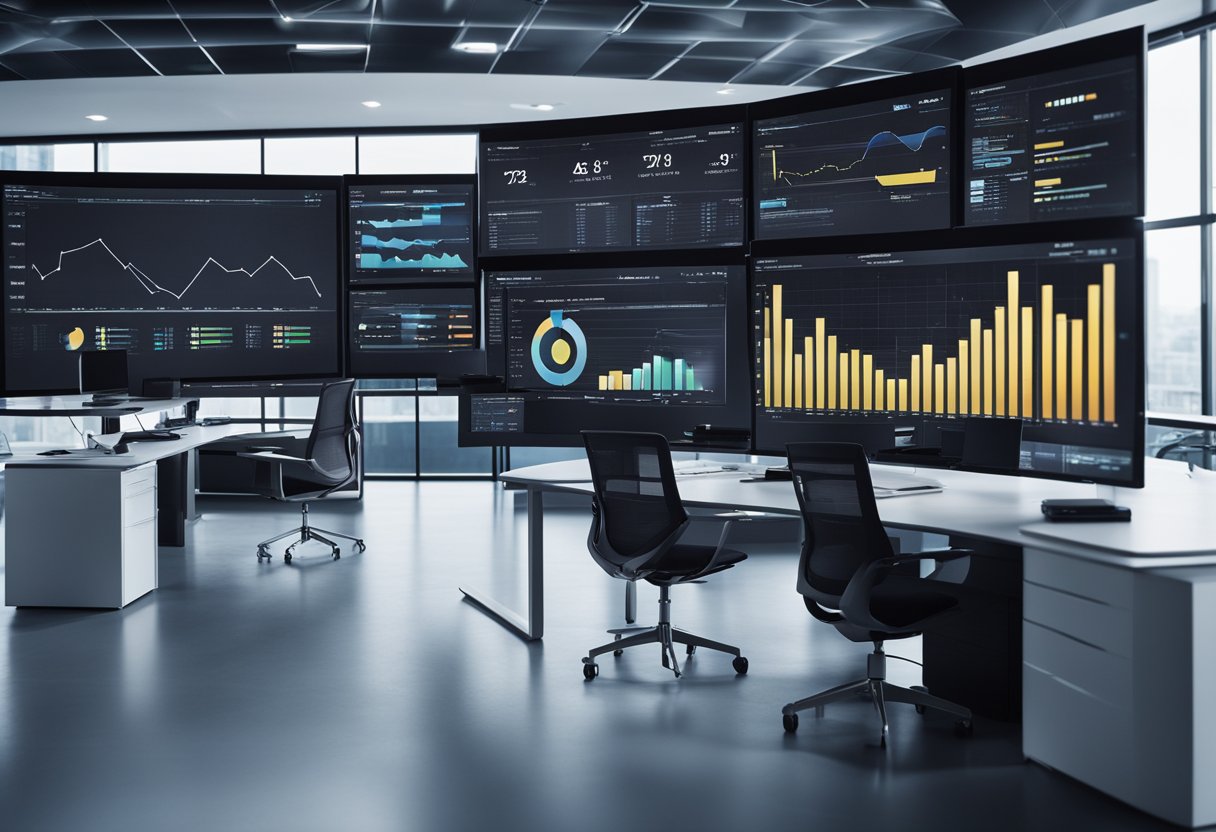 A sleek, modern office space with multiple computer screens displaying graphs and financial data. A team of professionals working together to manage digital assets
