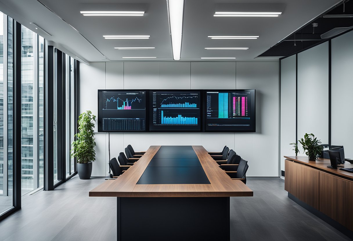 A sleek, modern office space with a large conference table, computer monitors displaying financial data, and a wall covered in compliance and ethical guidelines