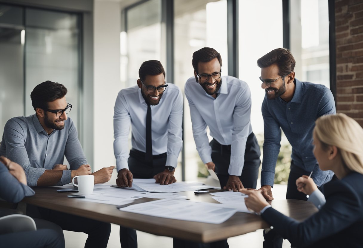 A group of professionals gather around a table, discussing and sharing ideas while reviewing financial charts and graphs