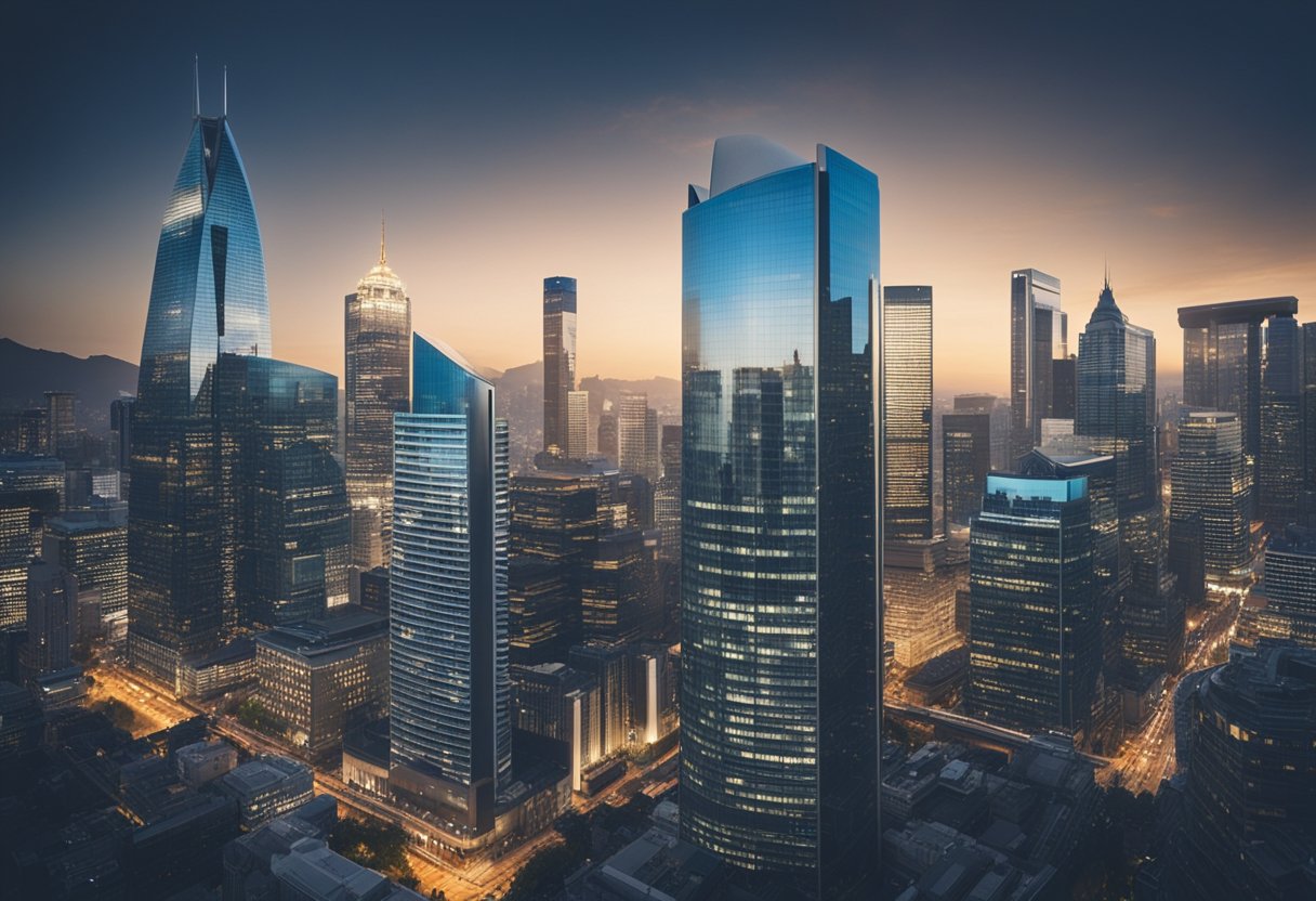 A bustling cityscape with various financial institutions and office buildings, showcasing the global reach of asset management services