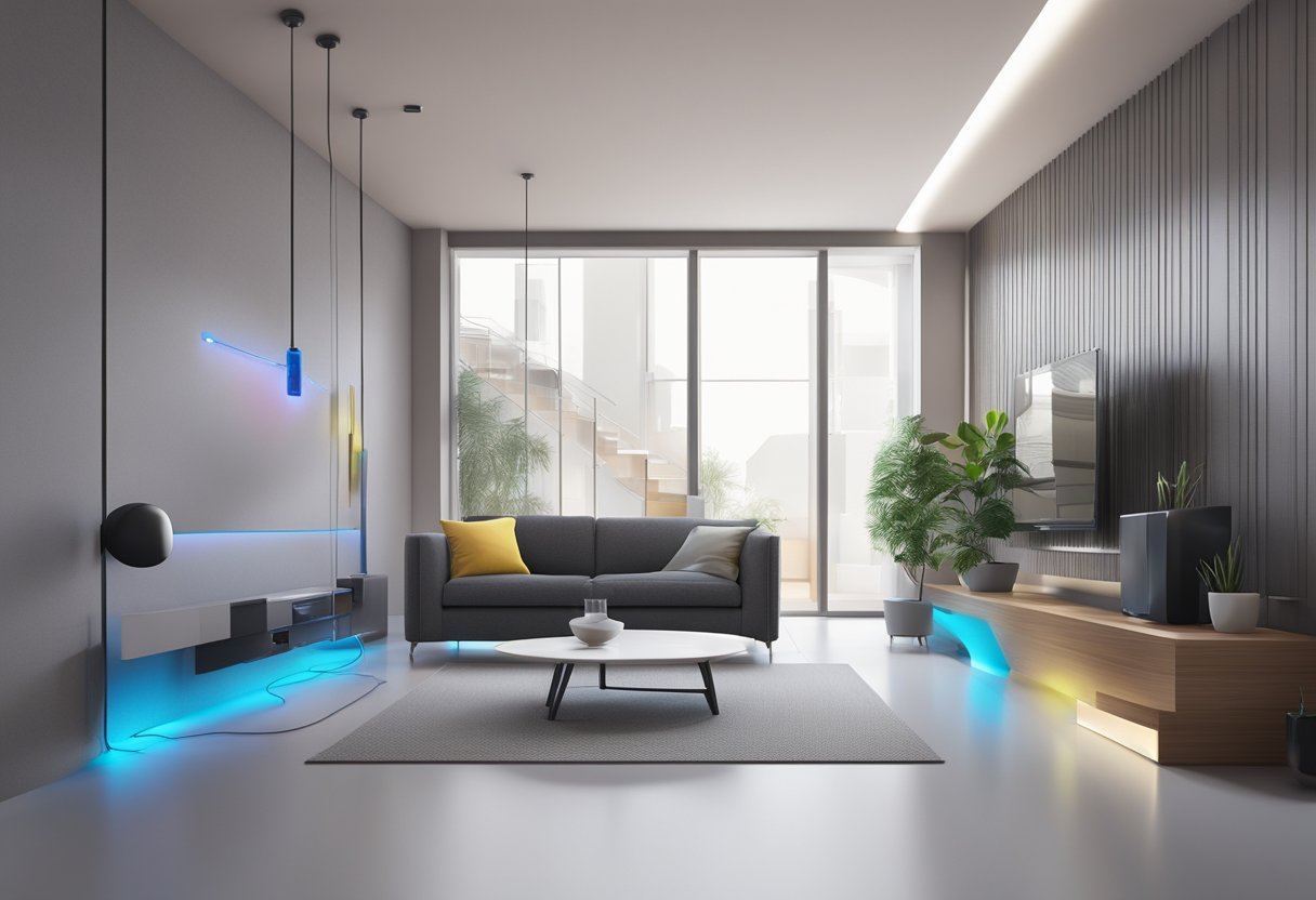 Uma casa moderna e elegante com cabos de fibra óptica correndo pelas paredes, conectando a um roteador de internet central e um repetidor de wifi em malha.