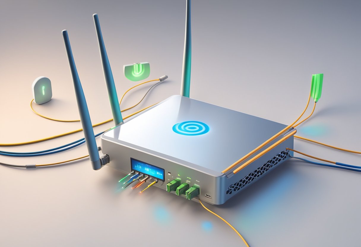 Um repetidor de WiFi em malha moderno e elegante cercado por cabos de fibra óptica e sinais de internet