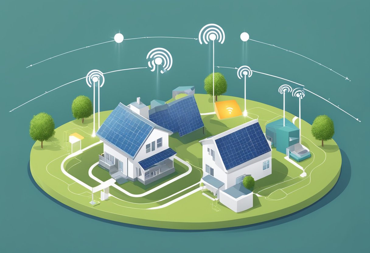 Um roteador de fibra óptica central se conecta a vários repetidores wifi menores, criando uma rede mesh contínua em toda a casa.