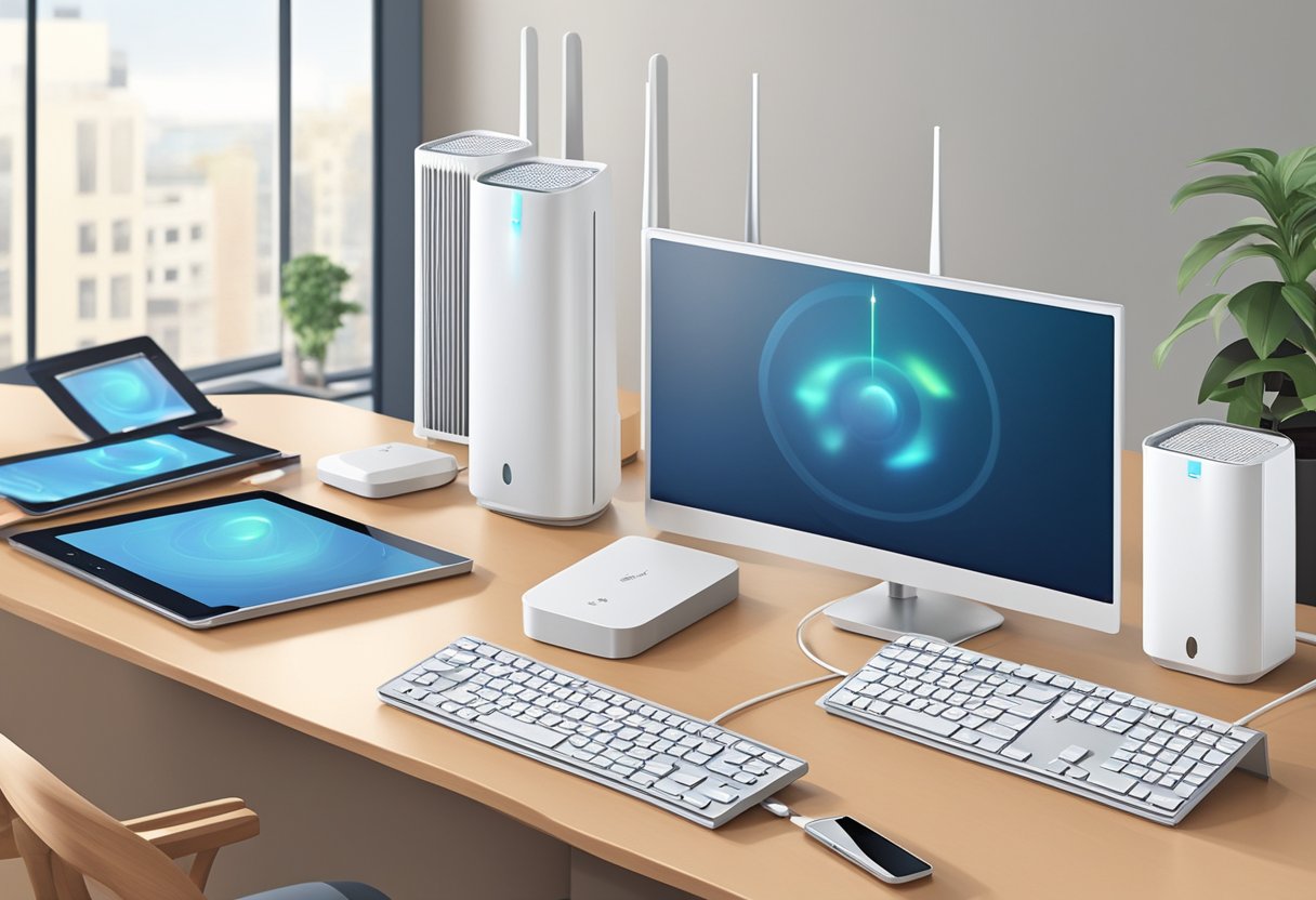 Um repetidor de Internet Fibra Wifi Mesh Core moderno e elegante está sobre uma mesa, cercado por dispositivos eletrônicos. Seu sinal se estende por todo o cômodo, conectando-se de forma contínua.