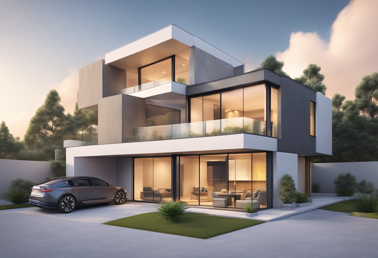 Uma casa moderna com múltiplos níveis e paredes de concreto espessas, conectada a uma rede de internet de fibra óptica de alta velocidade, com repetidores Wifi Mesh estrategicamente posicionados garantindo uma cobertura wireless forte e consistente em todo o espaço.