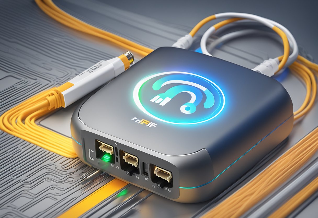 Um repetidor de wifi mesh moderno e elegante está ao lado de um cabo de fibra óptica, com um logo da Core Fibra Internet ao fundo.