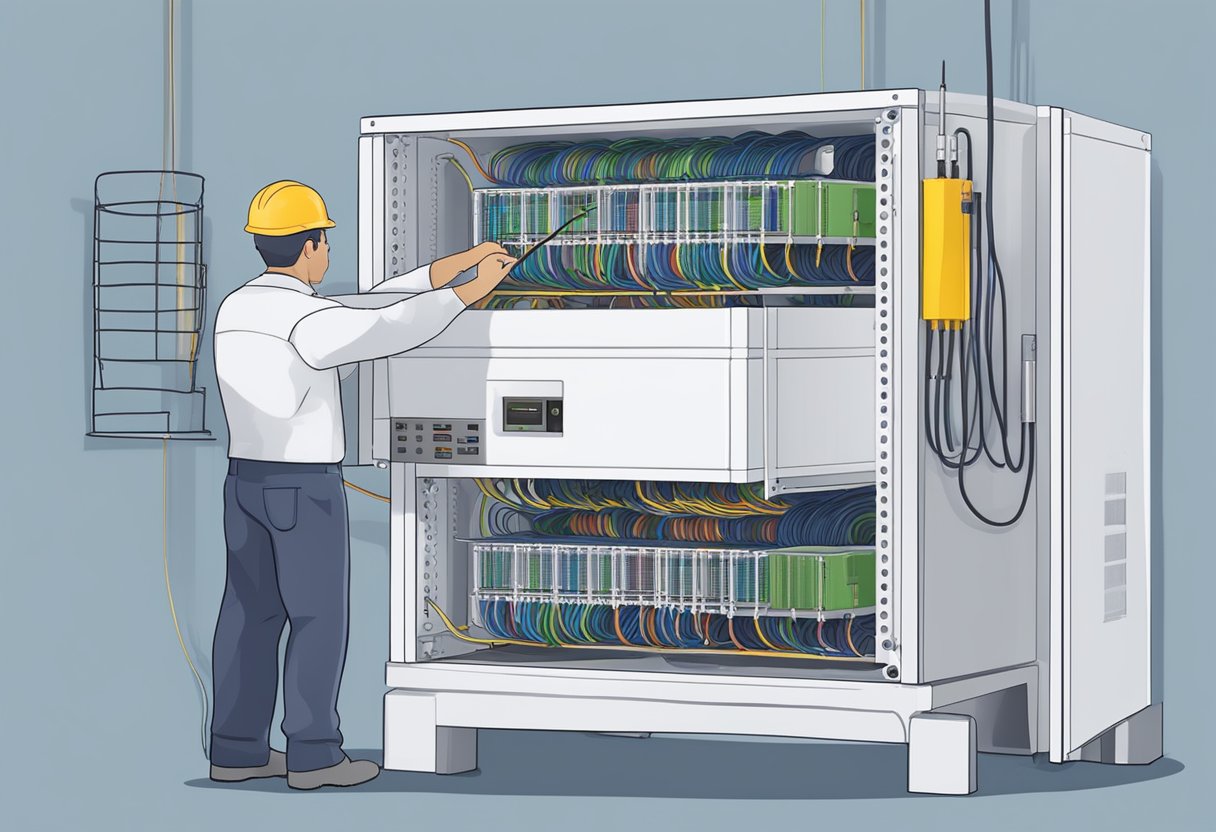 Um técnico instala e configura um repetidor de fibra óptica em malha com wifi em malha.