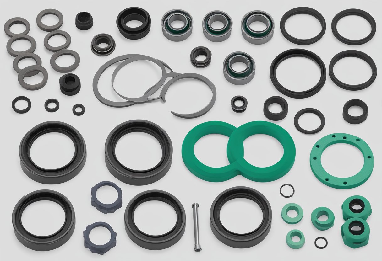 A Takeuchi seal kit 1900132099 laid out with various rubber seals and O-rings, alongside tools and machinery parts