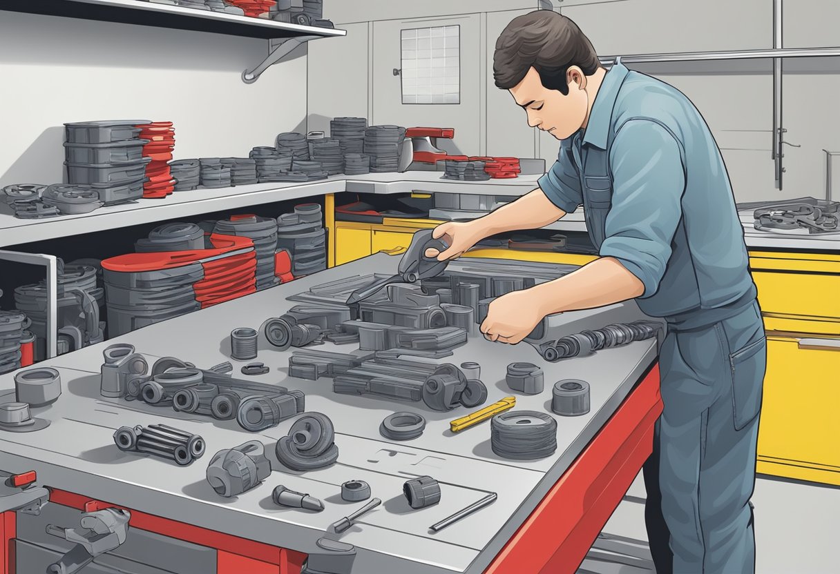 A mechanic unpacks a Takeuchi seal kit, laying out various rubber and metal parts on a workbench