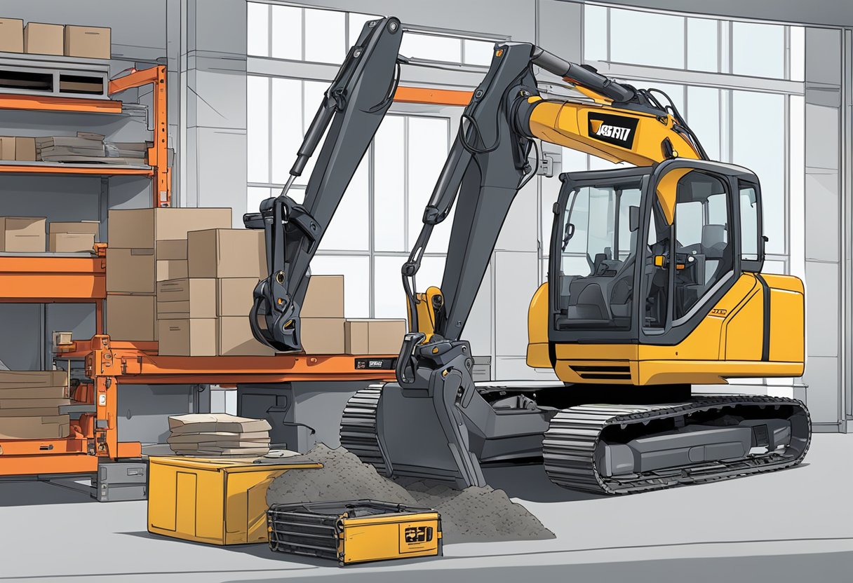 A mechanic unpacks and organizes a seal kit next to a Takeuchi excavator