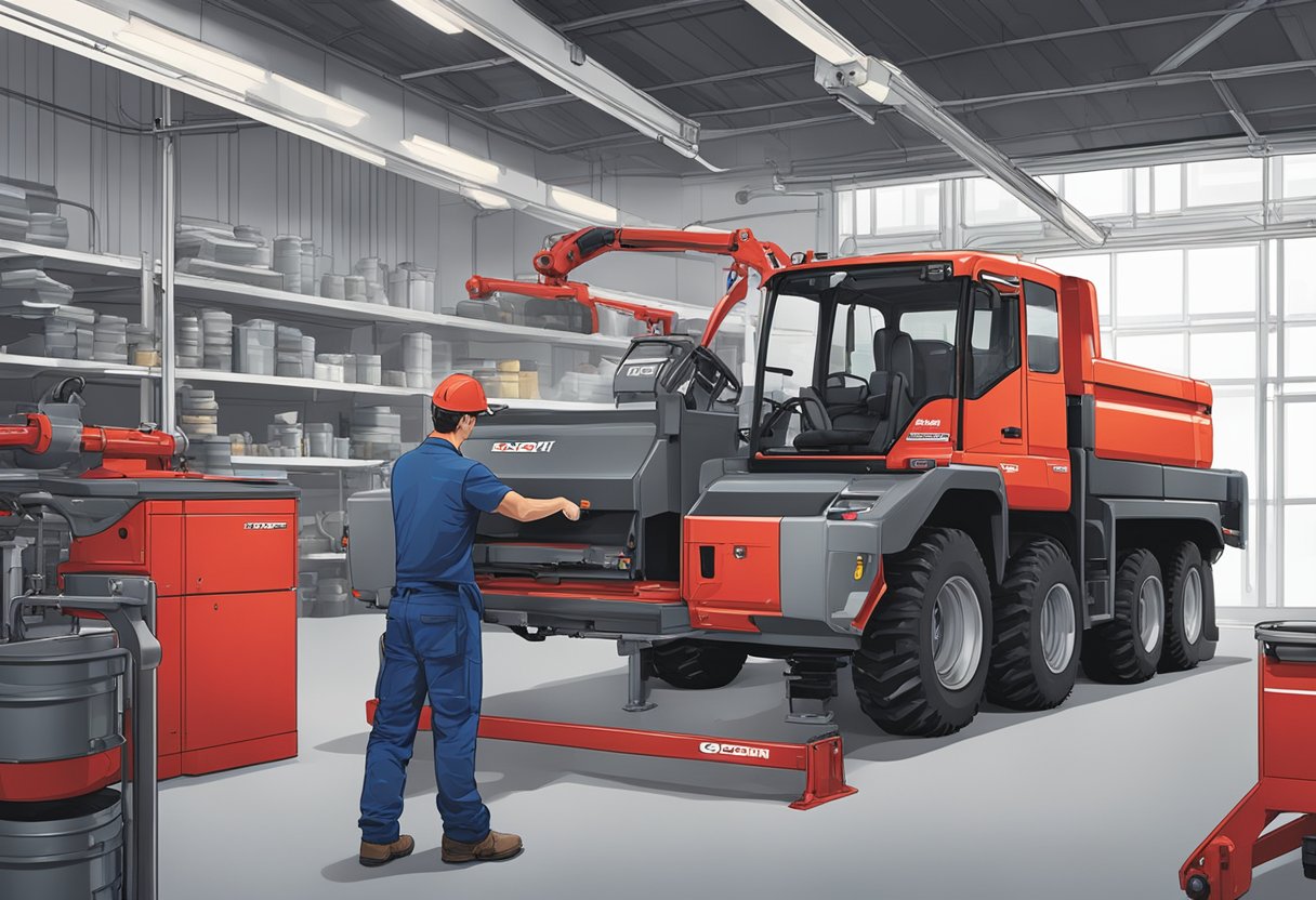 A mechanic installing a Takeuchi seal kit onto heavy machinery in a well-lit workshop