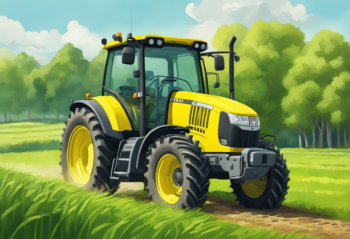 A bright yellow Deutz 02937571 tractor parked in a lush green field on a sunny day