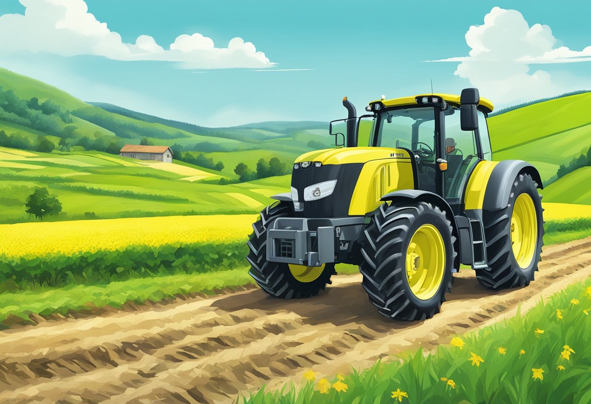 A bright yellow Deutz 02937571 tractor parked in a lush green field, surrounded by rolling hills and a clear blue sky