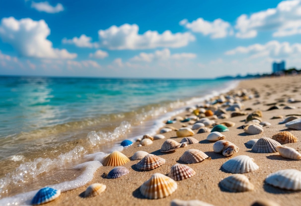 Crystal clear waters lap against the sandy shore, with colorful seashells scattered along the beach in Japan