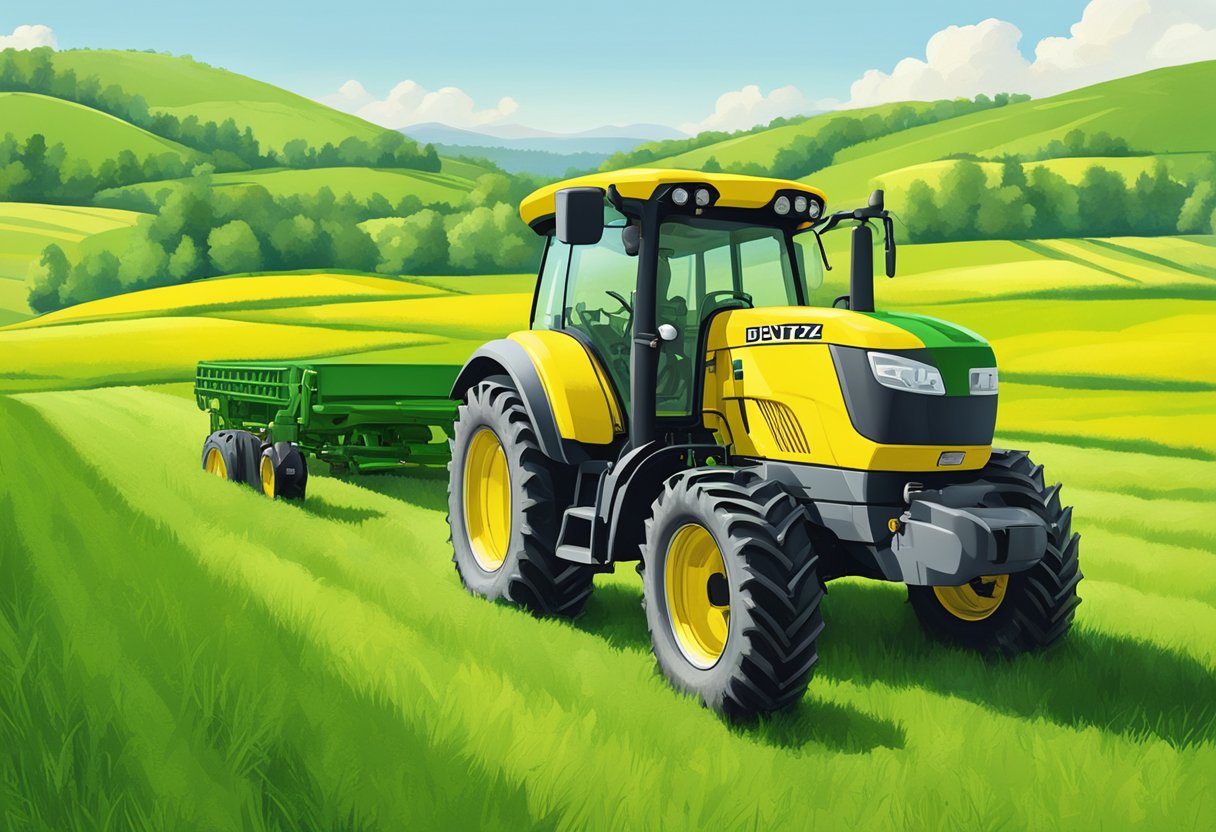 A bright yellow Deutz 02937571 tractor parked in a lush green field with rolling hills in the background