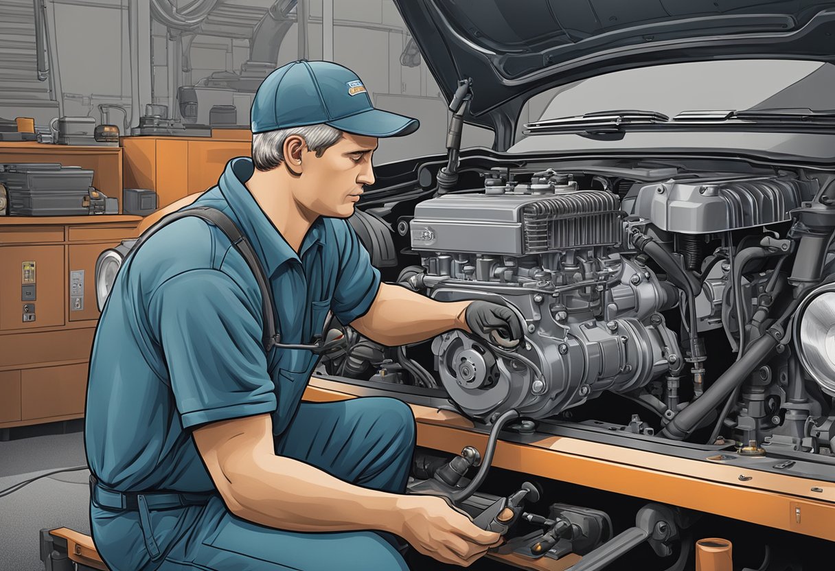 A mechanic consulting a manual while working on a Deutz 02937571 engine