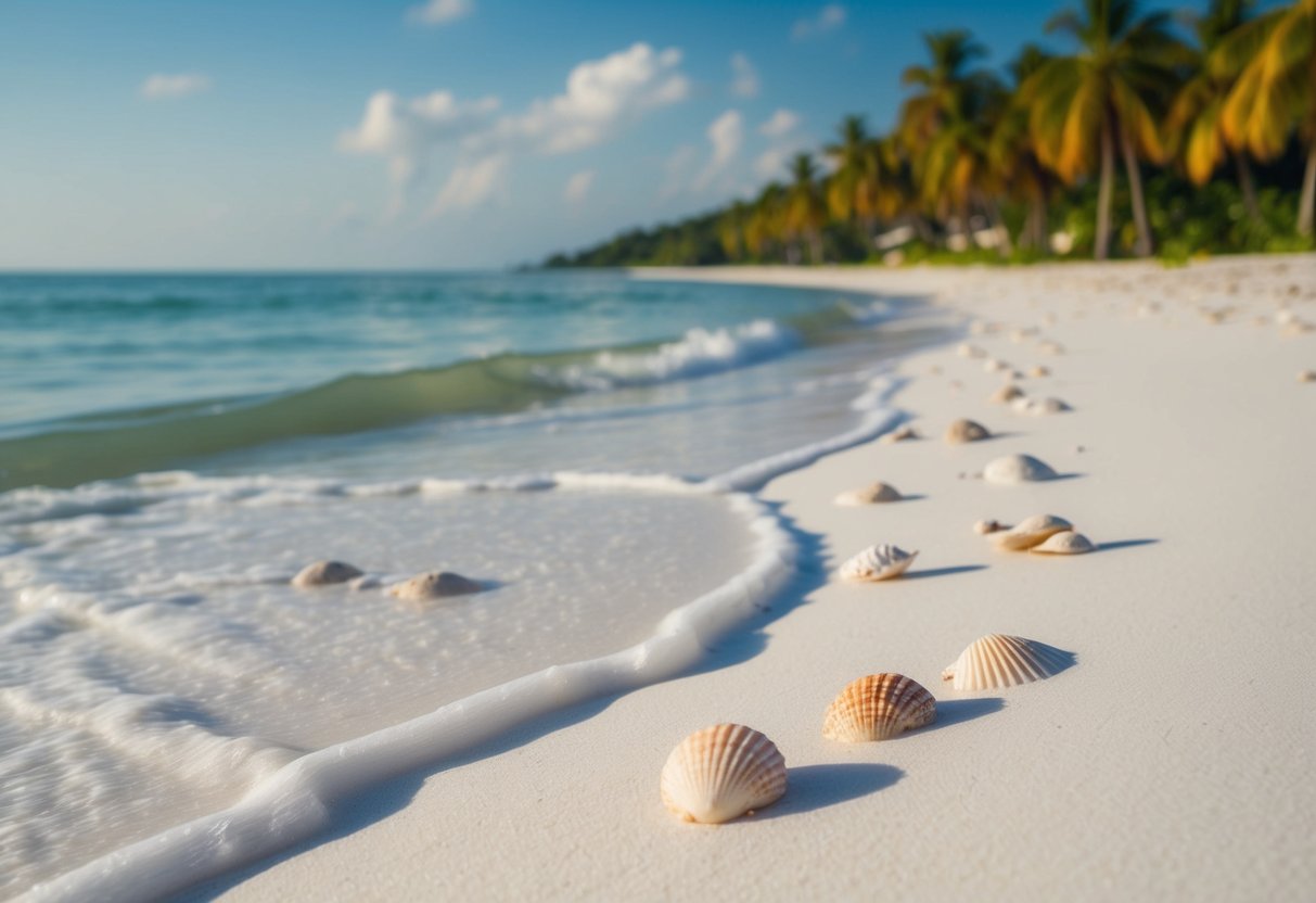 Gentle waves lapping onto white sandy shores, scattered seashells glistening in the sunlight, with lush green palm trees lining the beach