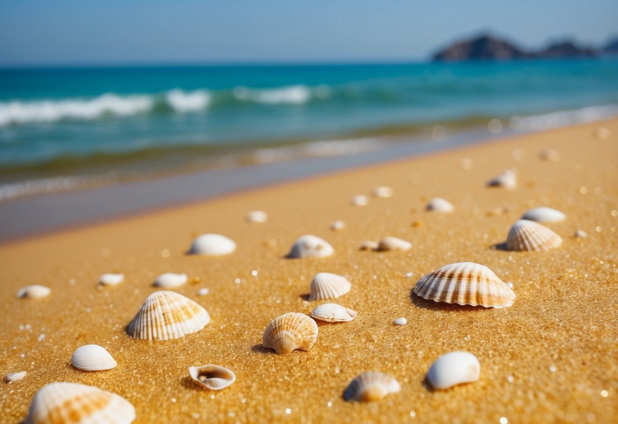 Golden sand, clear blue waters, and scattered seashells on a serene beach in China