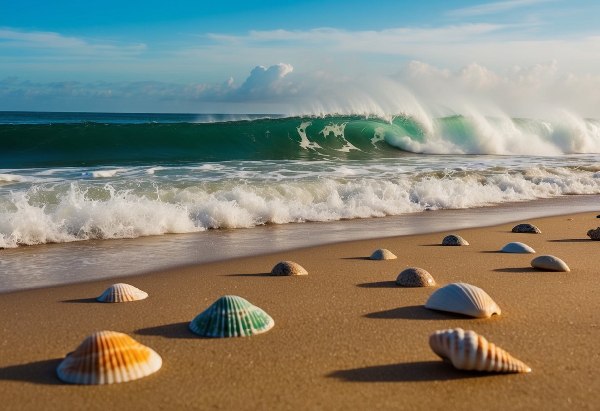 The waves crash against the golden sand of a pristine Brazilian beach, with colorful shells scattered along the shore