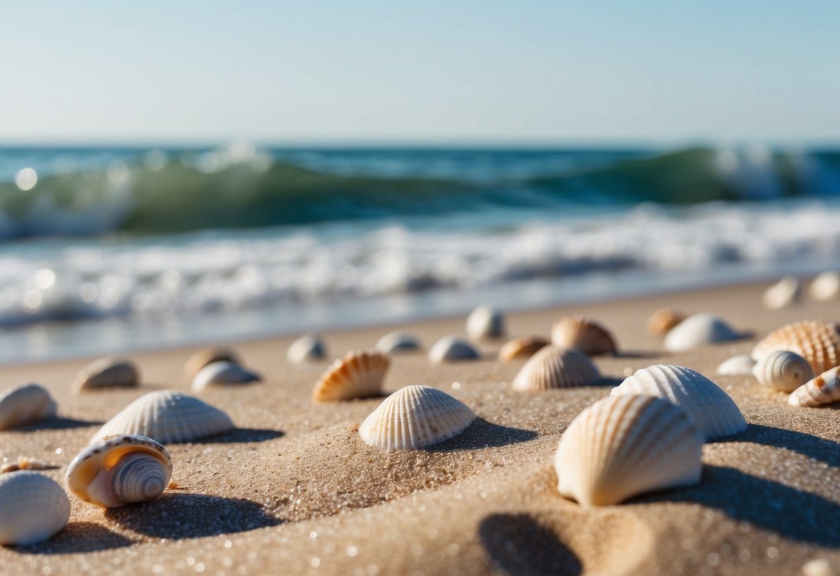 Sandy beach with scattered seashells, gentle waves, and a clear blue sky