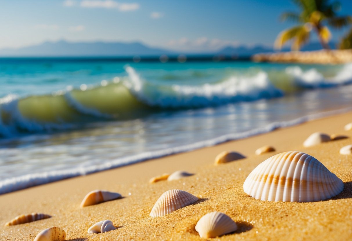 Golden sand, clear blue water, palm trees, and seashells scattered along the shore. Waves gently roll in, creating a serene atmosphere