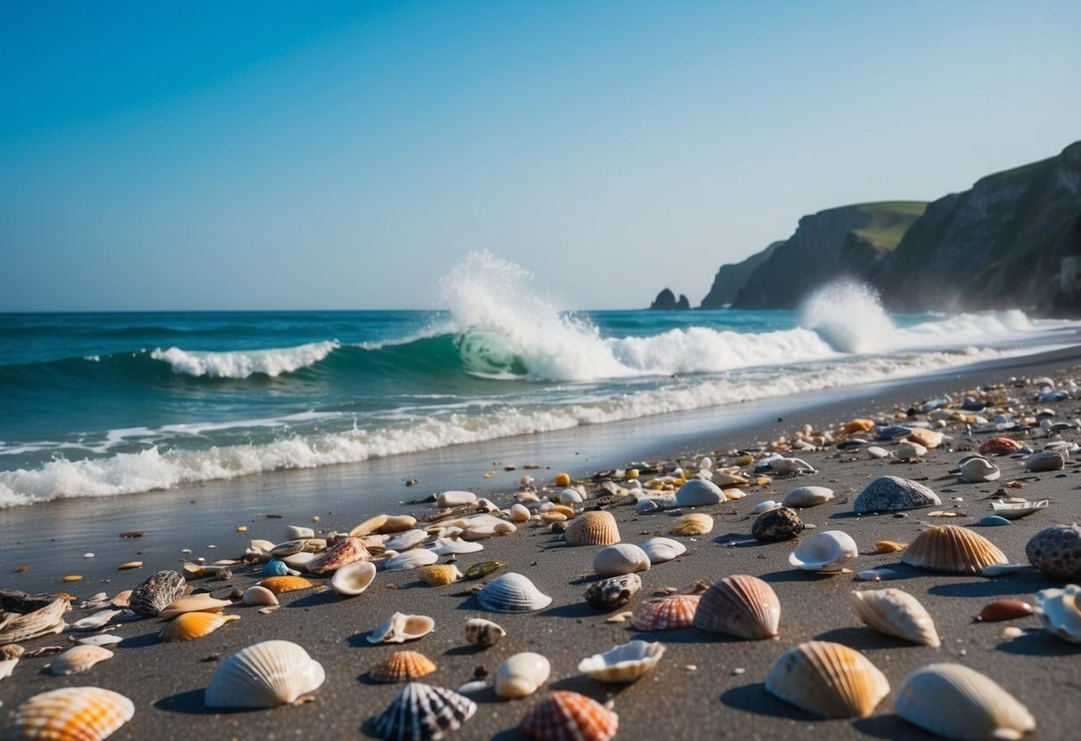 A tranquil beach with waves crashing against the shore, scattered with colorful shells and surrounded by rugged cliffs and clear blue skies