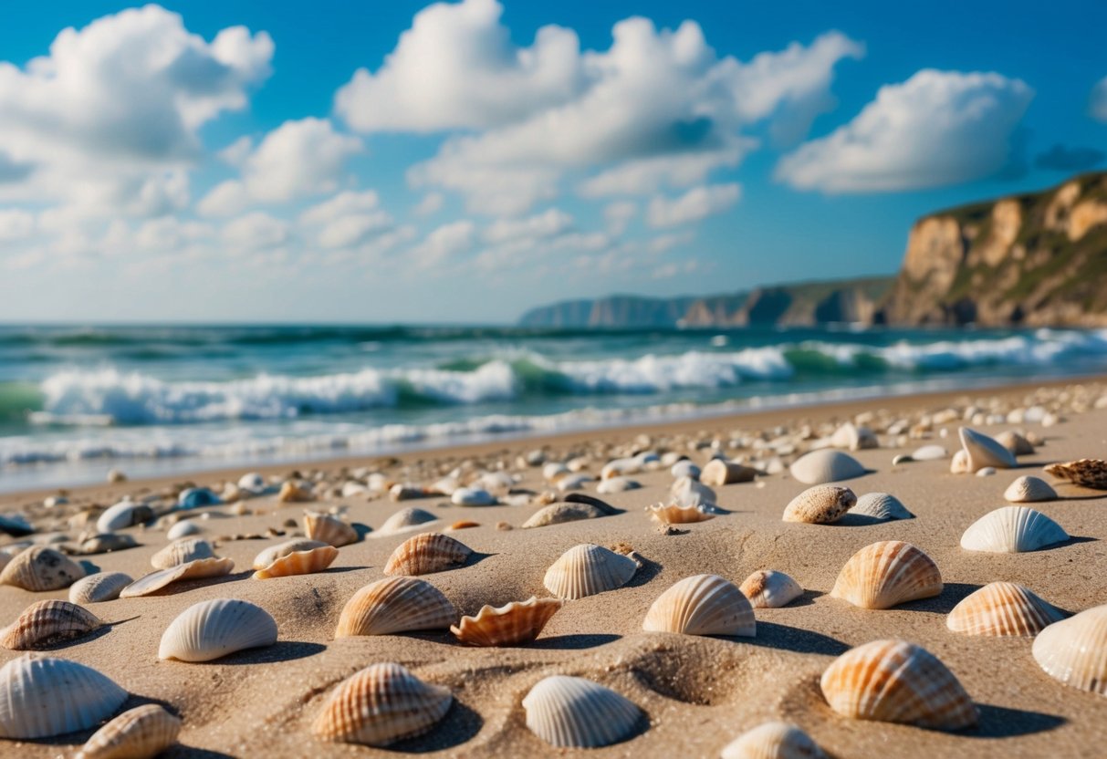 Sandy beach with scattered seashells, waves crashing on shore, distant cliffs, and blue sky with scattered clouds